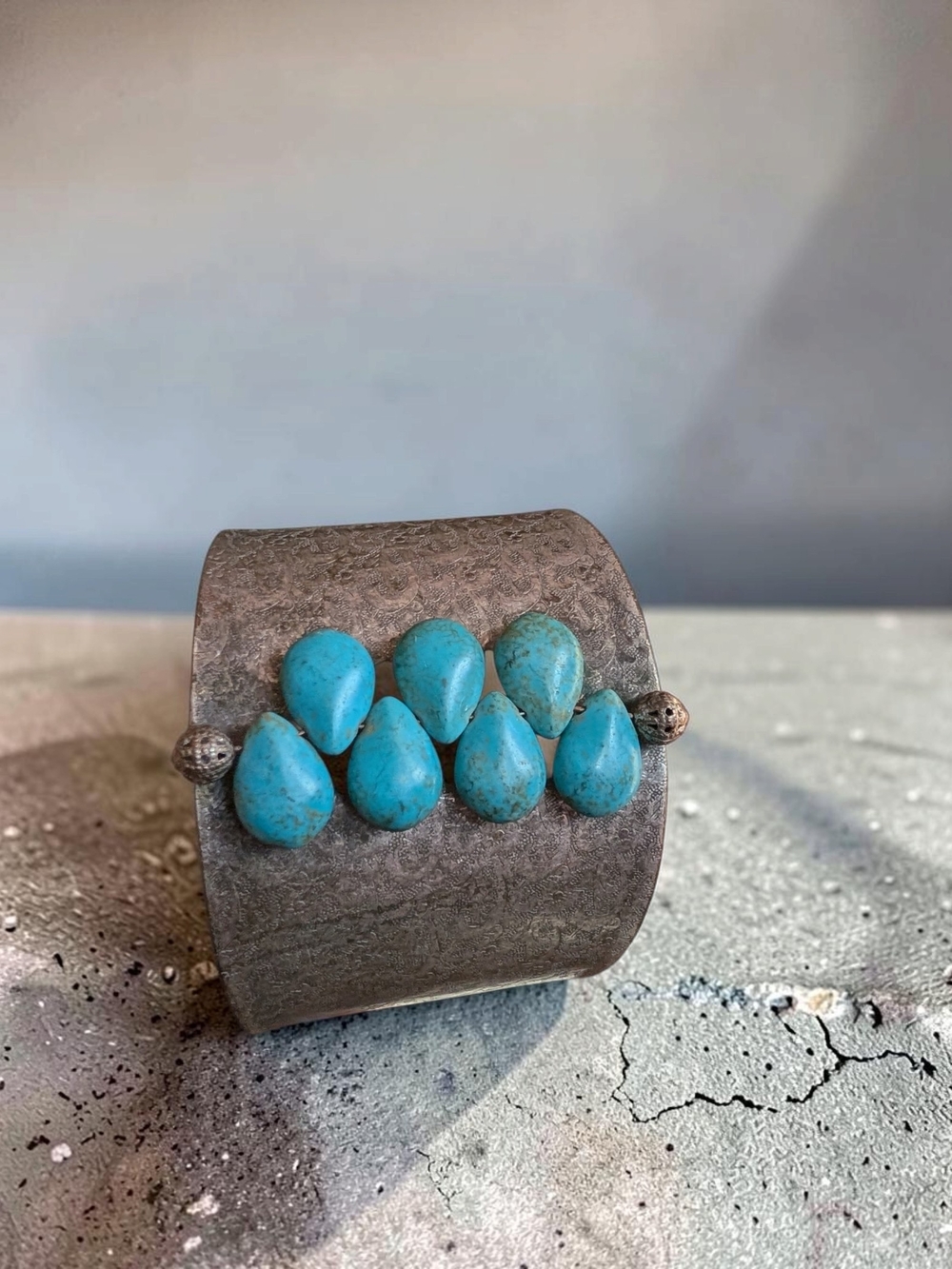 Vintage Wide Silver Tone Cuff Turquoise Stone Boho Statement Bracelet